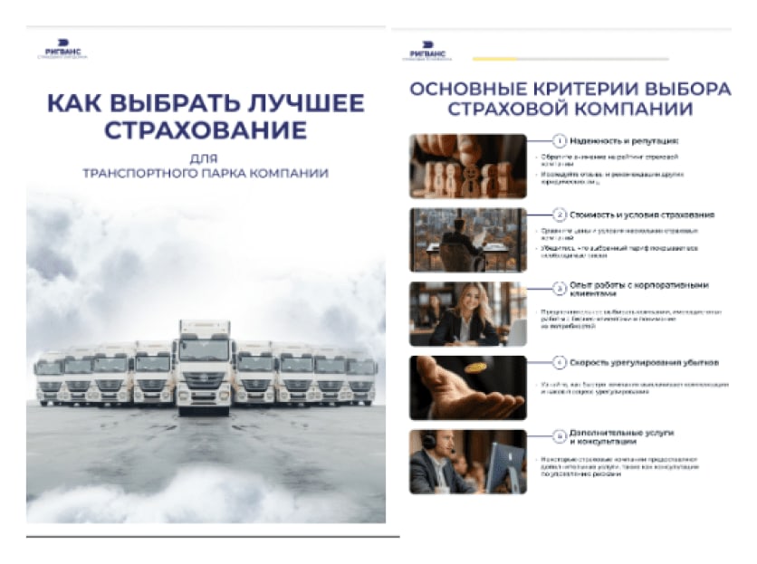 Гайд «Как выбрать лучшее страхование для транспортного парка компании»: обложка и страница «Основные критерии выбора страховой компании»