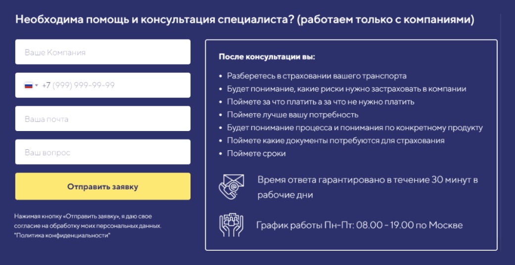 Форма «Необходима помощь и консультация специалиста? (работаем только с компаниями)»: что человек поймёт после консультации, ответ в течение 30 минут